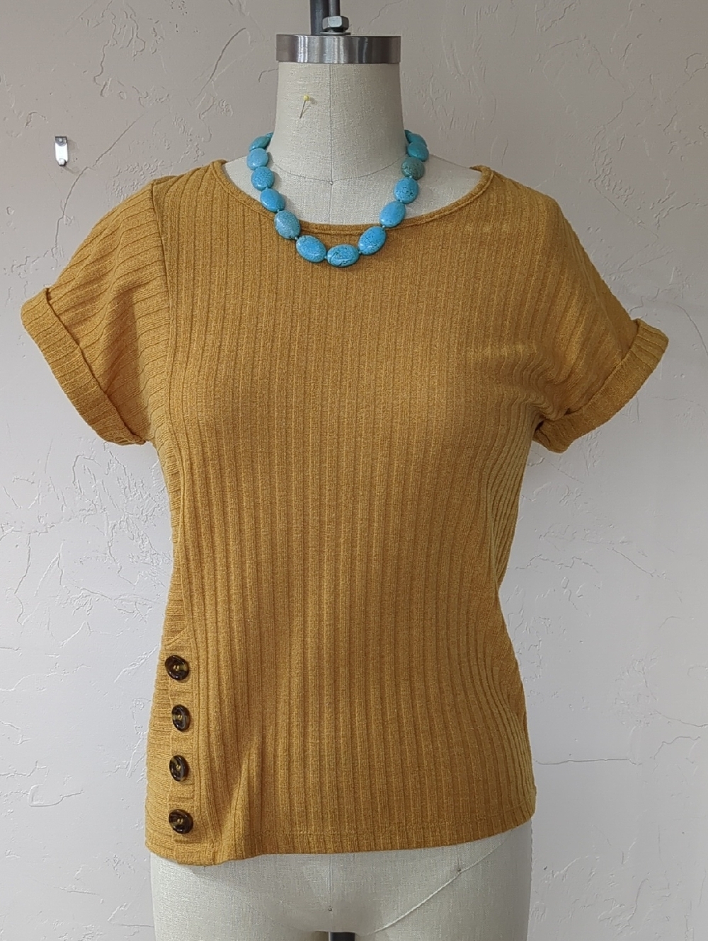 Mustard Ribbed Short-Sleeve Top with Side Buttons, 50's/60's Style